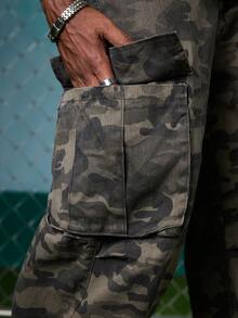 EVRINFINITE 1件装 Justice Brother 街头迷彩多口袋宽松阔腿牛仔裤，男士休闲街头服饰 - 軍綠色 - 查看 4