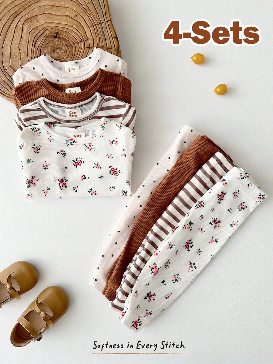 Cozy Pixies Set Piyama Bayi Perempuan Pas Badan, Atasan Pullover Lengan Panjang Leher Bulat Lembut Rajut Motif Bunga, Celana Panjang Pinggang Elastis, Set 4 Potong - Coklat - View 1