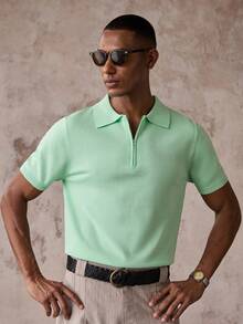 AKNOTIC Men's Solid Color Casual Versatile Daily Wear Knit Short Sleeve Top - Mint Green - View 4
