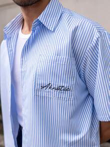 YOUESAWY YOUESAWY Men's Casual Woven Pocket Letter Embroidered Loose Short Sleeve Shirt Daily Essential Wardrobe Staple Basic Style All-Match Style Go-To Piece Mix-And-Match Item Casual Versatile Style  Premium Textured Fabric - Blue and White - View 7