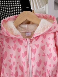 SHEIN 女童秋季粉色愛心印花連帽抓絨羊羔毛內裡拉鍊外套 可愛加厚保暖派克大衣 外穿秋季服飾 - 粉色 - 查看 7