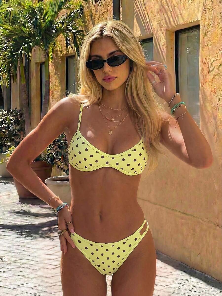 Swim Vcay 女款夏季新款性感海灘綁帶式平口上衣與低腰三角比基尼褲波點印花泳衣套裝 2件組 - 黃色 - 查看 1