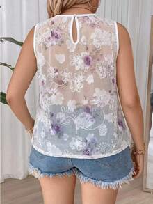 SHEIN LUNE CURVE 女款大尺碼夏季新款仙氣重工亮片刺繡花卉網紗背心，柔和粉紫色花卉雙層無袖度假上衣 - 彩色 - 查看 7