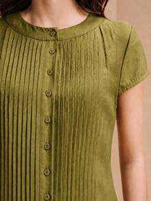 Arave Women's Woven Rayon Fabric Small Round Neck Regular Shoulder Short Sleeve Waist-Defining Striped Full Button Decor Design Casual Long Dress - Olive Green - View 3