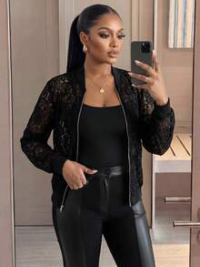 SHEIN Lady CURVE 大尺碼優雅素色透視蕾絲外套 - 黑色 - 查看 4