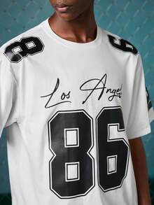 EVRINFINITE 男士數字86與「Los Angeles」手寫字母圖案印花T恤，寬鬆舒適，適合休閒、運動、校園活動，聚酯纖維面料，快乾易洗，情侶穿搭度假款 - 白色 - 查看 6