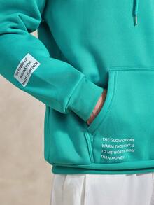 Courvante Men Slogan Graphic Kangaroo Pocket Drop Shoulder Hoodie, Fall, Long Sleeve Top, Tennis - Mint Blue - View 7