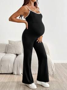 SHEIN Maternity Colorblock Flare Leg Casual Nursing Camisole Pants Breastfeeding Summer Baby Shower Nursery Hospital Labor And Delivery Postpartum - Black - View 8