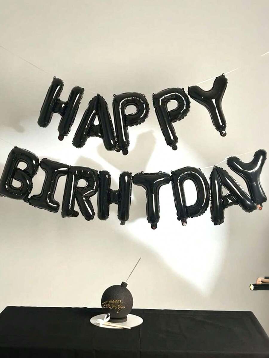 MINKOJA 1件/13件組 16英吋 Happy Birthday 生日橫幅字母氣球，黑色、銀色、白色、棕色、奶油色多巴胺配色可選，適用主題生日裝飾、男女生日派對裝飾、居家派對背景房內佈置（含吹氣管與繩子） - Black - 查看 1