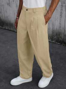 SLATEMANN Pantalones casuales de pierna recta con pliegues y bolsillos de unicolor para hombre - Caqui - Ver 3