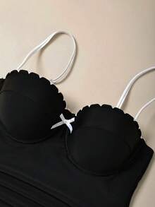 Poéselle Vacation Beach Night Out Party Bow Decor One-Piece Swimsuit Black And White Summer Sexy - Black - View 5