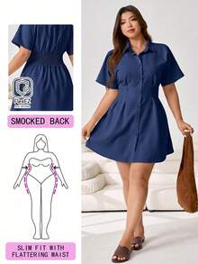 Solflare Plus Size Women's Solid Color Pleated Casual Party Short Sleeve Dress - Navy Blue - View 1