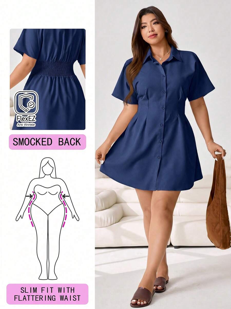 Solflare Plus Size Women's Solid Color Pleated Casual Party Short Sleeve Dress - Navy Blue - View 1