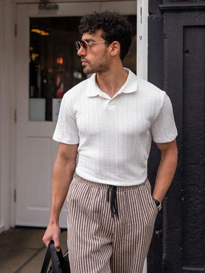 YOUESAWY YOUESAWY 男士休闲宽松针织落肩翻领 Polo 衫，短袖男士 Polo 衫针织 Polo 衫男士纹理 Polo 衫短袖 Polo 衫，Old Money