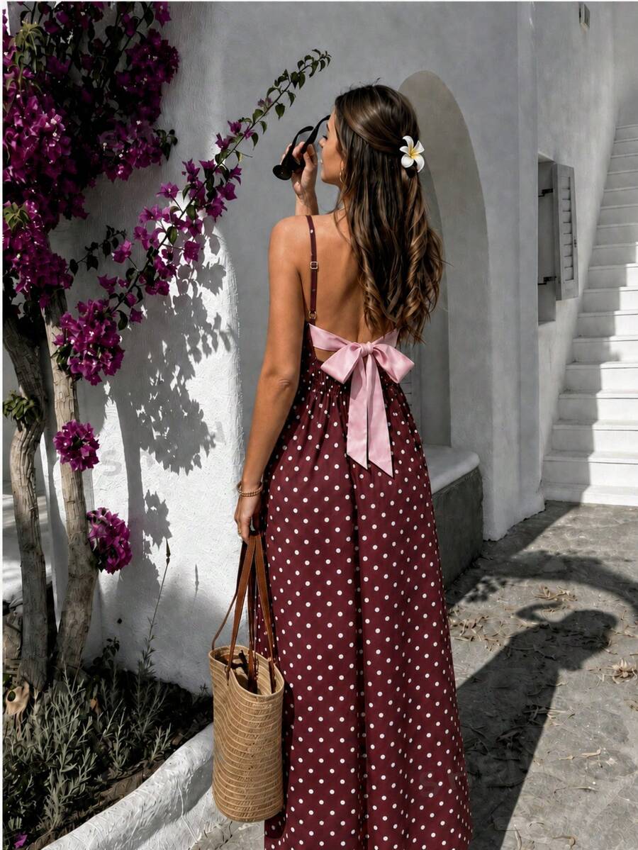 Cévolie Gaun Cami Tanpa Lengan Motif Polkadot Wanita dengan Hiasan Pita - Coffee Brown - View 1