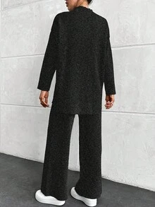 EURMUSE Maglione lavorato a maglia con collo alto e spalle scivolate, maniche lunghe, e pantaloni lunghi, completo casual da donna in due pezzi per autunno/inverno - nero - Visualizzare 2