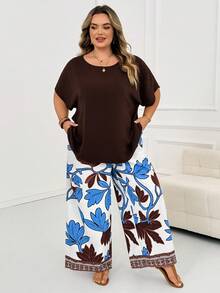 SHEIN CURVE+ 大尺碼 US22 音樂節海邊度假波希米亞風 2 件組女款度假寬鬆襯衫與碎花長褲套裝 夏季穿搭 - 彩色 - 查看 3