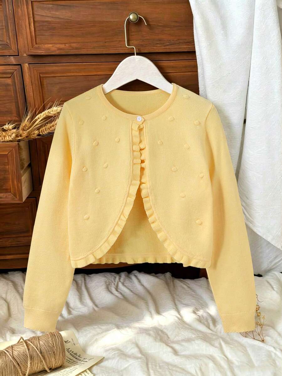 SHEIN Vintaside Kids 青少年女孩純色休閒百搭日常穿搭開襟衫 - 黃色 - 查看 1