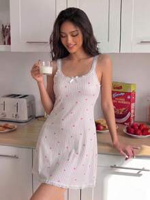ZzzCrew Women's Knitted Jacquard Ribbed Heart Print Lace Patchwork Cami Nightgown - Multicolor - View 4