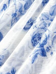 SHEIN MOD Plus Size Elegant Blue & White Floral Print High Slit Dress - Blue and White - View 3