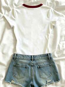 Top corto básico ajustado de estilo casual con estampado floral fresco personalizado para niñas de verano - Multicolor - Ver 2