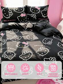 HELLO KITTY AND FRIENDS | SHEIN 3件組可愛卡通印花被套組，磨砂材質，柔軟保暖，多尺寸可選，適用單人床/雙人床/加大雙人床/特大雙人床 - 黑粉色 - 查看 7