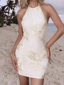 Turnttoni Women's Halter Neck Mini Dress With Elegant Floral Embroidery. This Cocktail Party Dress Features A Sleeveless Design And Intricate Gold Summer - Apricot - View 5