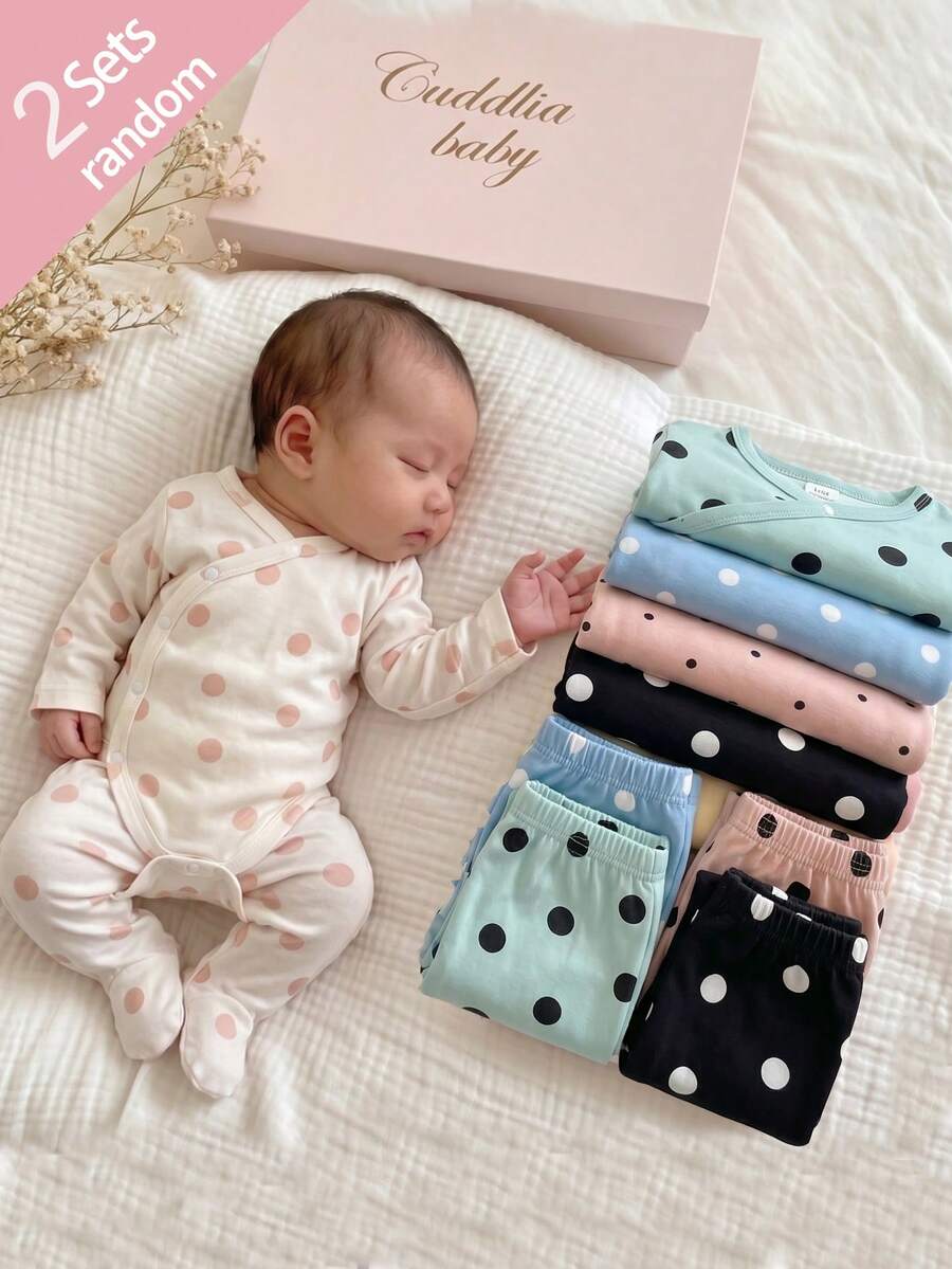 (Random 5pcs 2) Set de pantalon lung cu piciorușe și body cu mânecă scurtă pentru nou-născuți, minimalist elegant, cu buline, în culorile hașma, bej, caisă, verde fasole, gri și albastru - Multicolor - Vizualizare 1