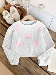 SHEIN New Fashion Versatile Cute Bow Pullover Sweater For Girls - White - View 3