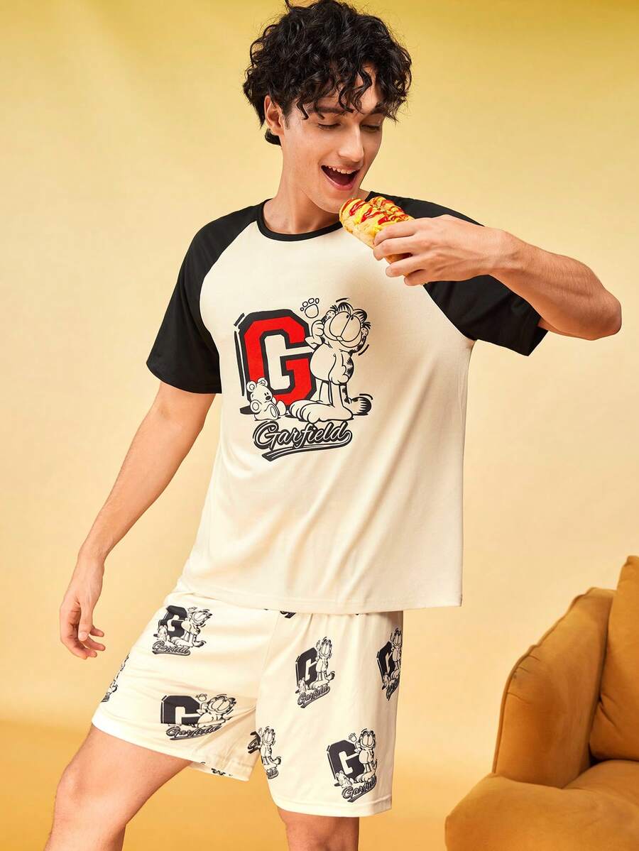 Notgurli GARFIELD | SHEIN Men's Colorblock Patchwork Cartoon Print Short Sleeve Top And Shorts Loungewear Set - Multicolor - View 1