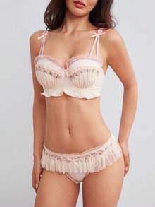Elorette Seamless Pleated Satin Embroidered Lace Underwire Push-Up Bra - Apricot - View 3