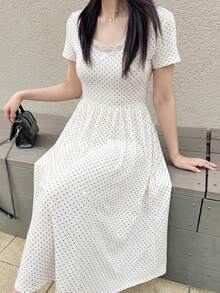Dazy Tall 女款夏季短袖休閒波點蕾絲拼接洋裝 - 杏色 - 查看 3