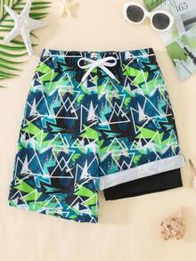 SHEIN Bañador corto fino para adolescentes con estampado geométrico multicolor en toda la prenda y contraste de color, estilo casual para vacaciones, playa, juegos en la playa, fiesta en la piscina, primavera/verano - Multicolor - Ver 6