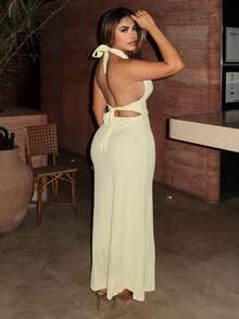 Maria Perezxox Vestido sexy de unicolor con cuello halter, escote profundo en V, espalda descubierta, ajustado, con abertura, elegante para fiesta, amarillo - Amarillo - Ver 4