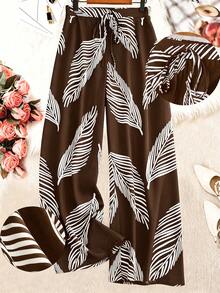 Breezaya Plus Size Loose Fit Floral Print Pants Fall - Brown - View 1