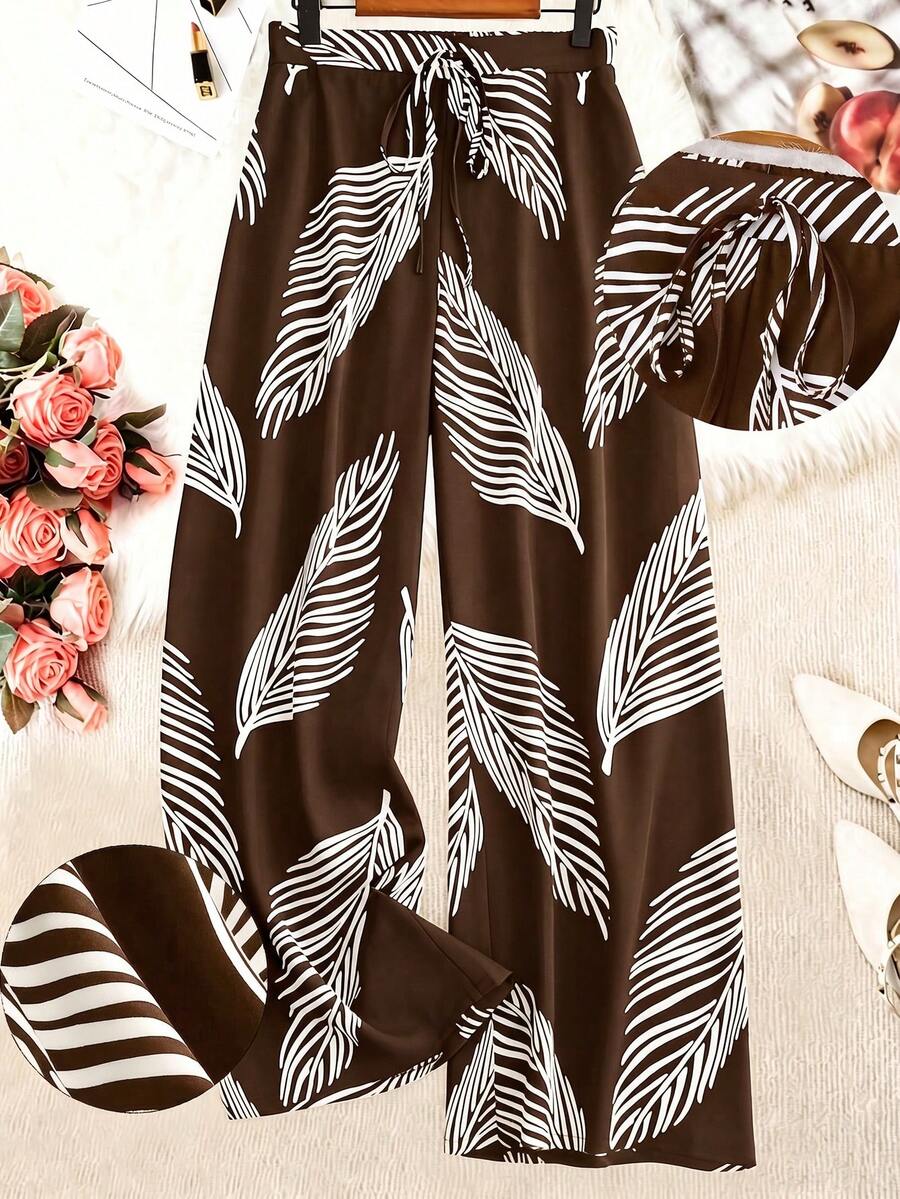 Breezaya Plus Size Loose Fit Floral Print Pants Fall - Brown - View 1