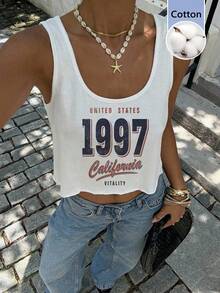 SHEIN EZwear 休閒極簡風復古 1997 數字圖案 95% 棉女款寬鬆短版大 U 領背心，適合春夏街頭穿搭 - 白色 - 查看 1