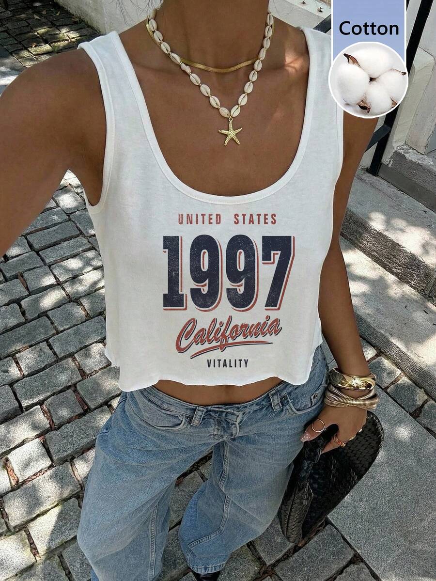 SHEIN EZwear 休閒極簡風復古 1997 數字圖案 95% 棉女款寬鬆短版大 U 領背心,適合春夏街頭穿搭 - 白色 - 查看 1