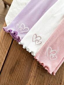 SHEIN 女童小女孩休閒針織純色愛心刺繡圖案鬆緊腰長褲 3件組 - 彩色 - 查看 6
