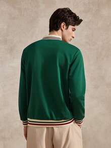 Courvante Tennis 男士深綠色休閒長袖 Polo 運動衫，對比飾邊領口，適合秋季、畢業季，運動風 90 年代風格 - 綠色 - 查看 3
