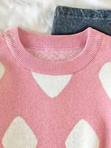 SHEIN Girls' Autumn/Winter Fashion Minimalist Casual Heart Pattern Jacquard Knit Sweater Long Sleeve Top - Baby Pink - View 6
