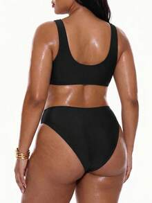 Oceva Women's Plus Size Solid Color 2-Piece Thick Strap Triangle Bikini Set For Vacation Beach Gold Summer Sexy Black - Black - View 2