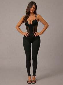 Radiana Corsé ajustado sexy y elegante para mujer, negro, con copa asimétrica, malla transparente y patchwork, bustier ajustado de alta elasticidad, pantalones casuales, adecuado para salidas diarias, citas, reuniones, fiestas, clubes, discotecas, festivales de música, vacaciones y viajes vacacionales - Negro - Ver 5