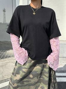 Muchica 大尺碼女款蕾絲拼接 2 合 1 休閒百搭日常出遊 T恤 - 彩色 - 查看 1
