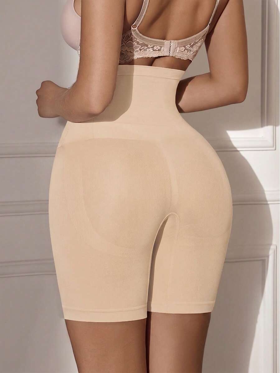 SHEIN 1件無縫高腰收腹塑身短褲,前扣式開合 - 杏色 - 查看 1