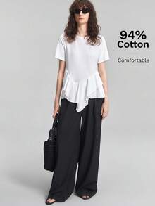 Ontre Camiseta para mujer de color beige, cómoda, de tela premium amigable con la piel, ajustada, cuello redondo, hombros regulares, manga corta, bajo con volantes, estilo moderno, bohemio, para vacaciones, playa, conciertos de música country, estilo occidental, casual, de lujo discreto, estilo old money, para cruceros, minimalista, de lujo silencioso, con textura, esencial, para negocios casual, urbano, para oficina, para desplazamientos urbanos, de alta calidad, para aeropuerto, para todas las estaciones, versátil, serie especial de vacaciones - Blanco - Ver 7