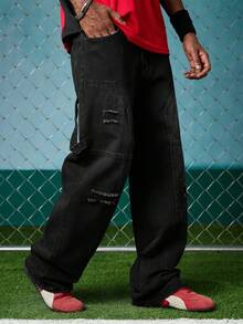 EVRINFINITE Celana Jeans Pria Model Lebar dengan Bordir Patch Bergaya Distressed - Hitam - View 5
