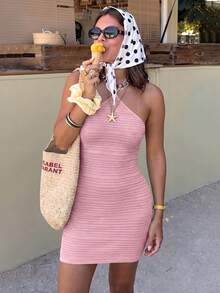 Selianne Women's Halter Neck Ribbed Bodycon Mini Dress With Lace-Up Detail, Bohemian Beach Vacation Style, Textured Backless Sweater Dress - Pink - View 6