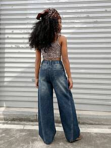 SHEIN 女童藍色拼接牛仔寬鬆長褲 Y2K 秋冬休閒 返校季 萬聖節 新年 - 彩色 - 查看 6