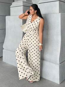 SHEIN Plus Size Polka Dot Print Sleeveless Denim Jumpsuit - Multicolor - View 1
